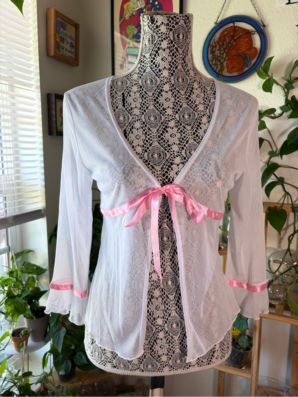 Y2K Taboo Sheer White Sheer Cardigan with Pink Ribbon Trim
